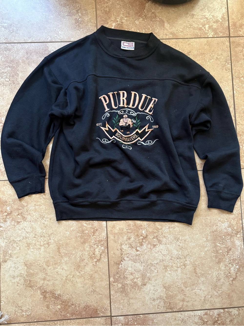 VINTAGE 90s Purdue Boilermakers Black Embroidered Graphic Crewneck Sweatshirt L